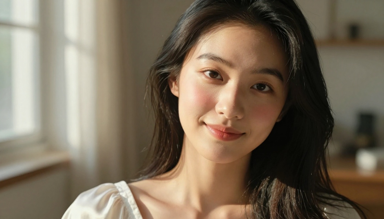 A beautiful East Asian woman with porcelain skin and dark almond eyes smiling softly at the camera, wearing a white off-shoulder silk top, warm afternoon window light