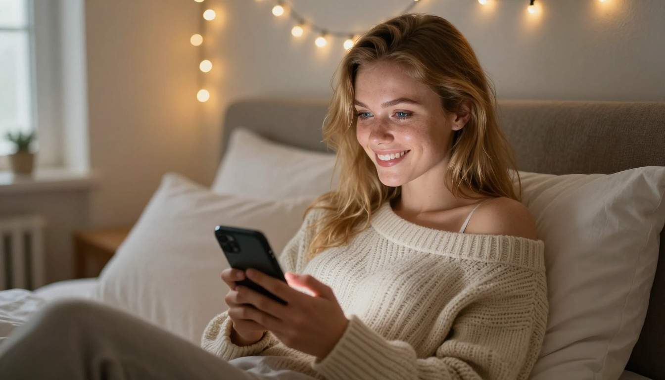 Woman with blonde hair and phone, representing the joy of genuine digital connection