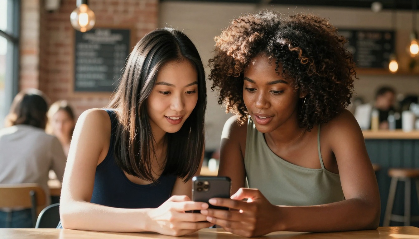 Two friends comparing AI companion platforms together over coffee Two friends comparing AI companion platforms together over coffee
