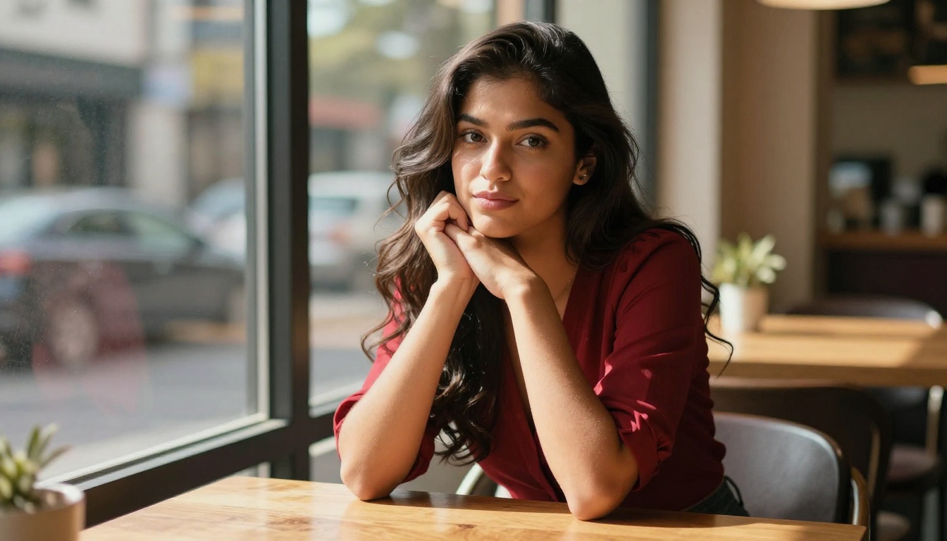 A young Latina woman with warm tan skin and long wavy dark hair leaning forward at a sunlit cafe table, making flirtatious eye contact with the camera