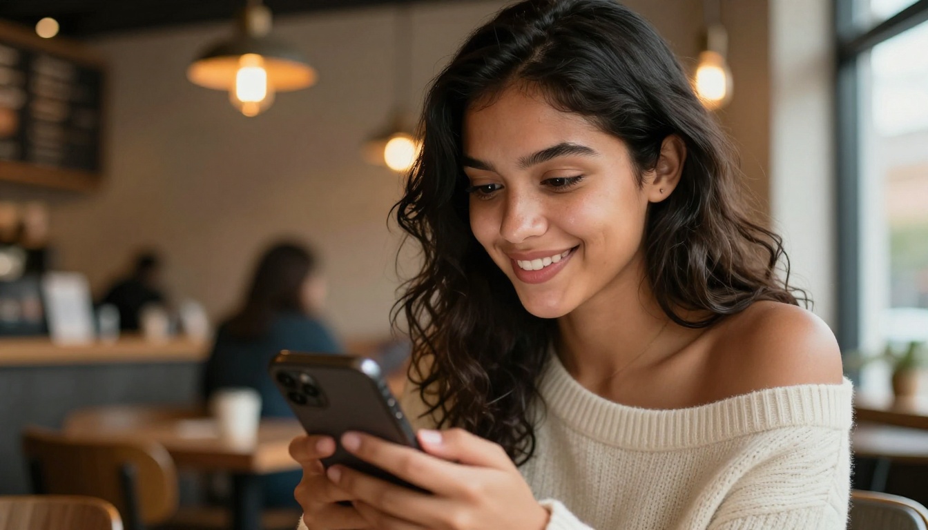 AI companion app experience on smartphone in a cozy café setting