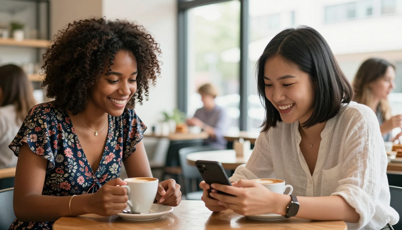 Two women sharing laughter over a phone, representing the diversity and joy of finding real connection