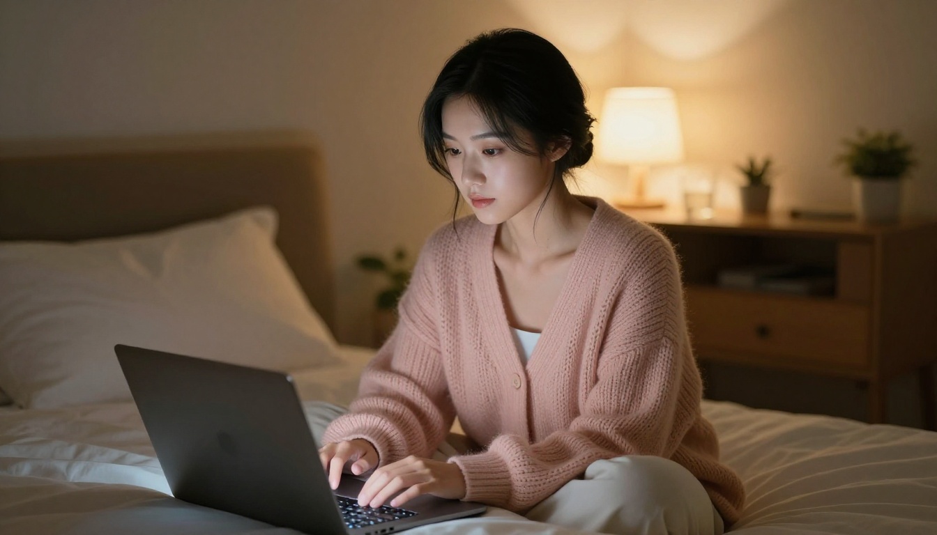 Young Asian woman typing on laptop in intimate bedroom setting at night