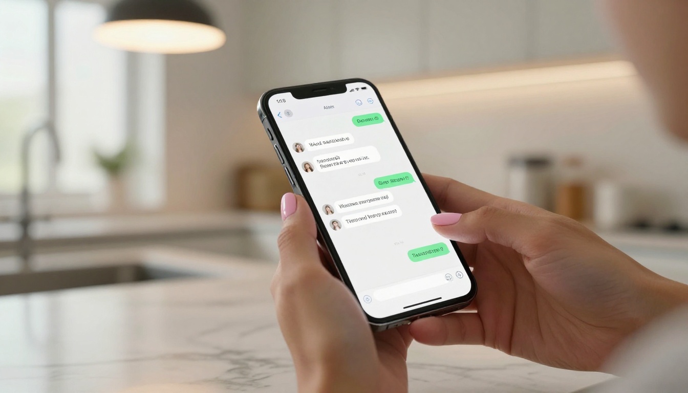 A smartphone held in a woman's manicured hand showing a flirtatious AI chat conversation, warm pendant kitchen light above, close-up 35mm shot with marble counter background