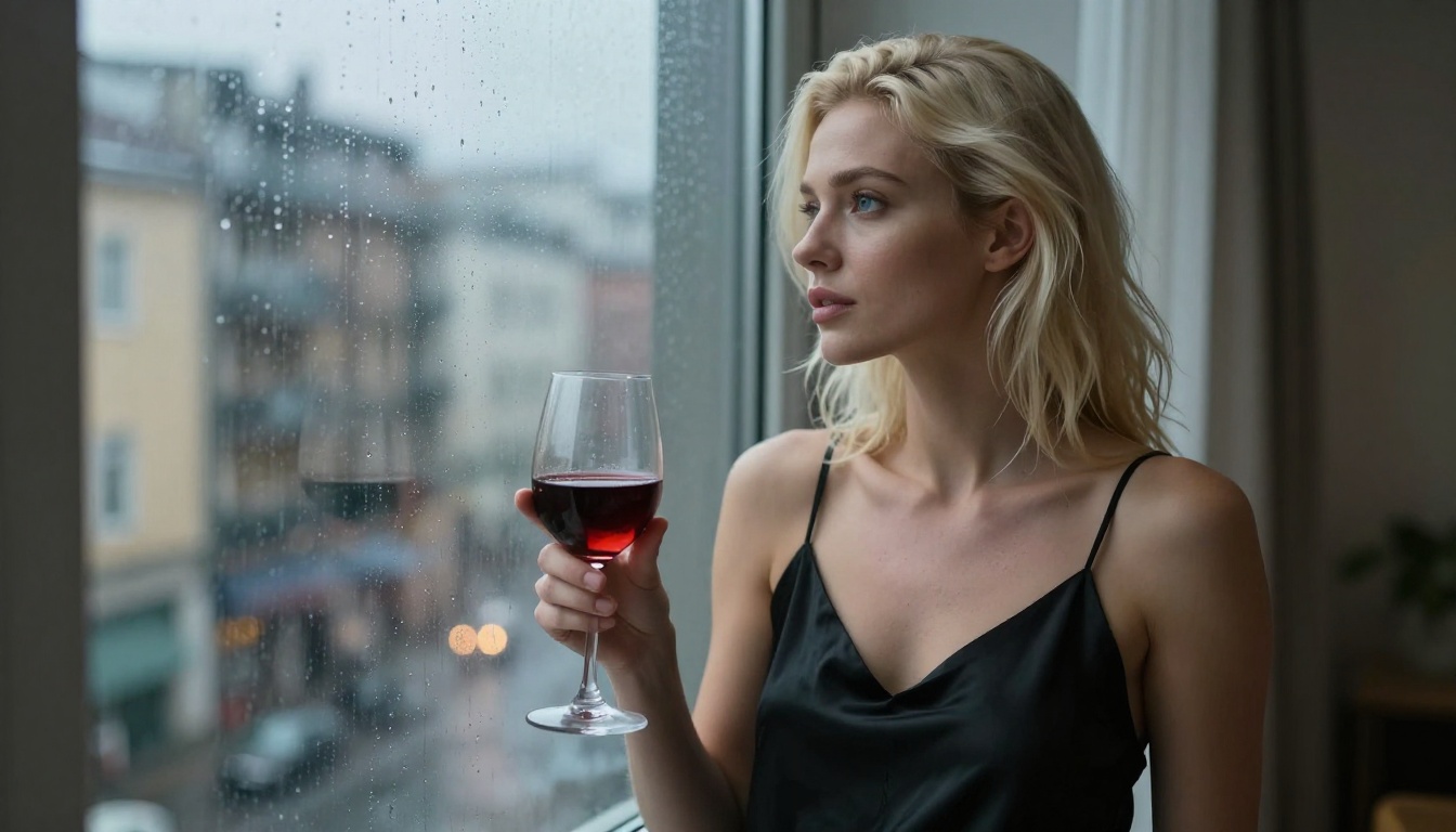 European woman with blonde hair looking pensively through rain-streaked window