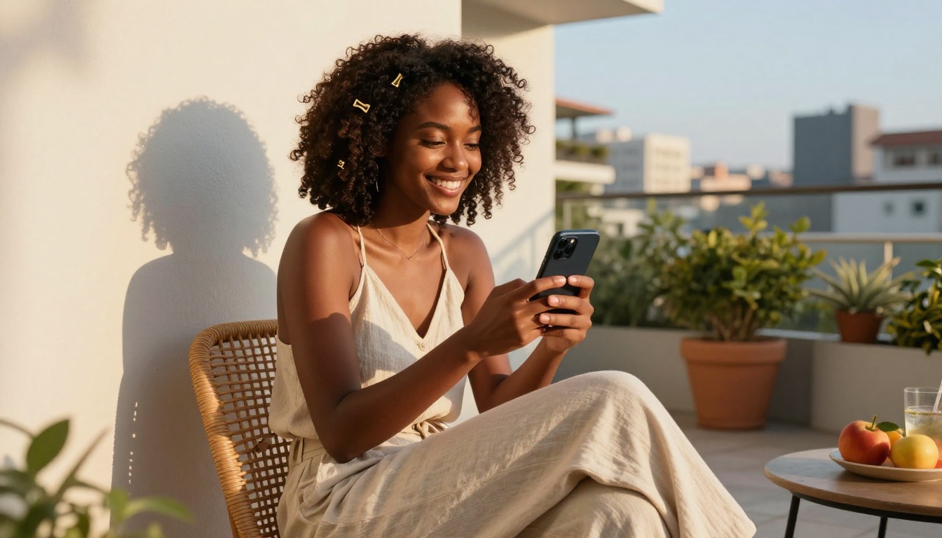 A radiant woman enjoying freedom and connection with her AI companion on a sunny terrace A radiant woman enjoying freedom and connection with her AI companion on a sunny terrace