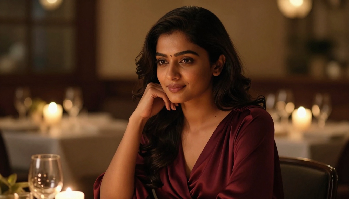 South Asian woman at a candlelit dinner, representing the romantic depth that premium AI companions can offer