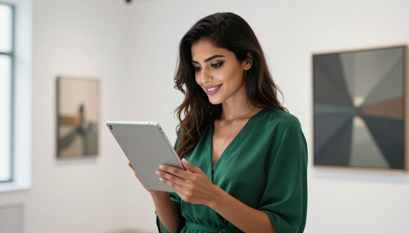 Middle Eastern woman examining tablet with delighted expression in modern gallery