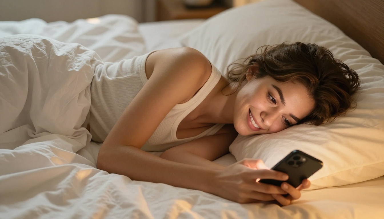 Young woman browsing her phone in the morning, representing the ease of starting fresh with a better AI companion