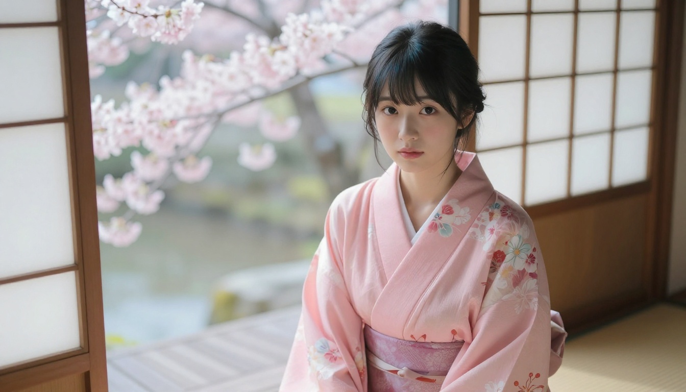 A young Japanese woman in a pink floral kimono wrap sitting by a traditional shoji screen window with cherry blossom branches outside, soft diffused morning light