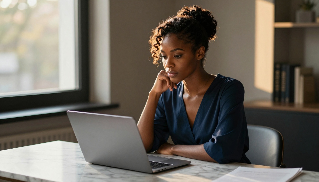 African American woman sitting at marble desk in morning light, thoughtful expression