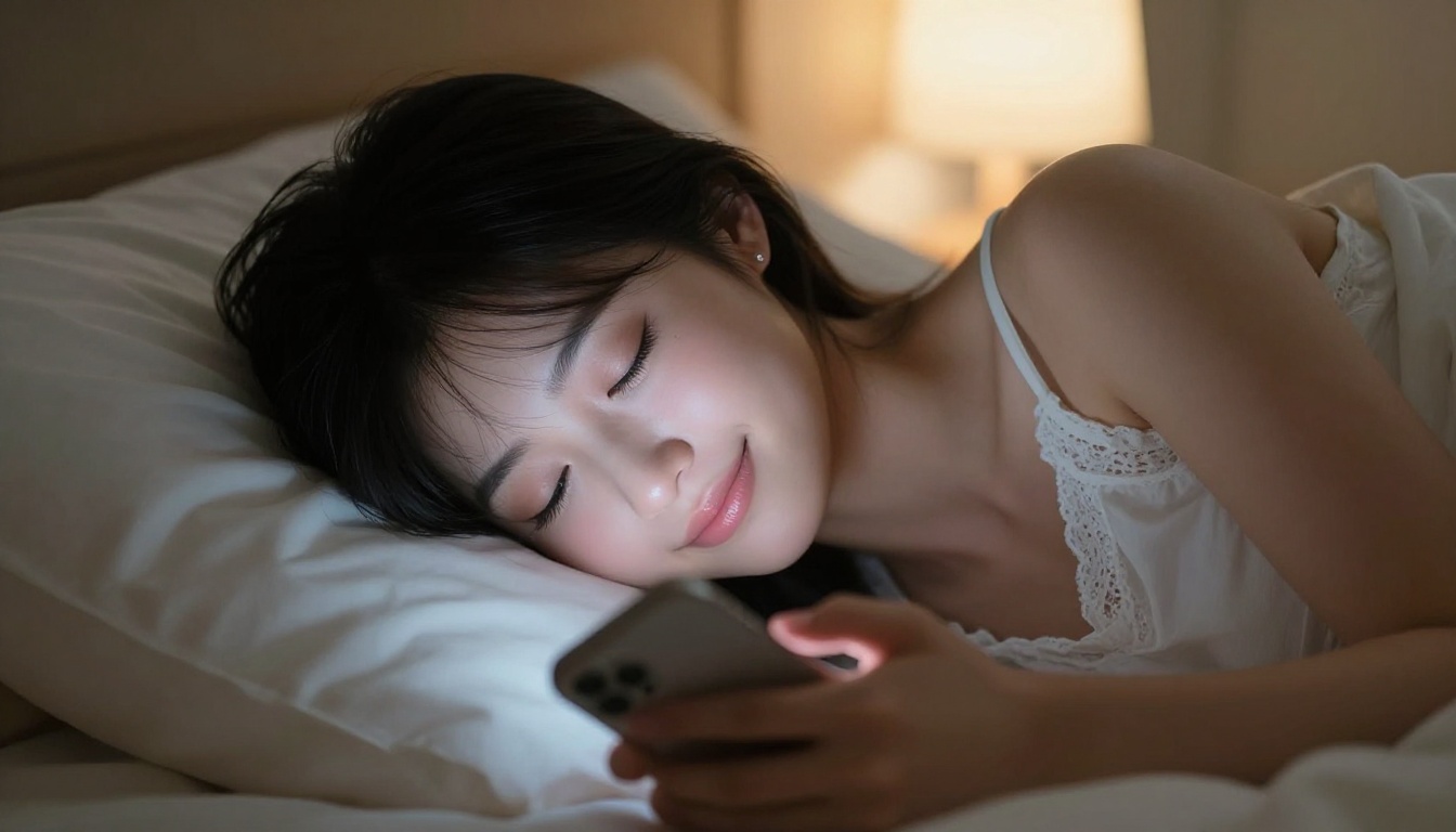 A woman at peace after a meaningful AI conversation, relaxed on her pillow A woman at peace after a meaningful AI conversation, relaxed on her pillow