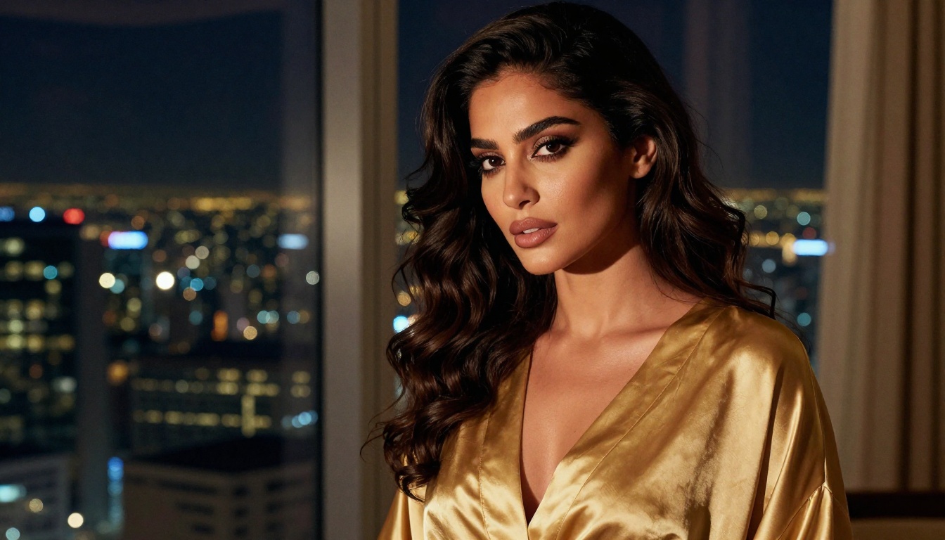 A beautiful Middle Eastern woman with honey-toned skin in a golden silk robe posed in a luxury hotel suite, dramatic side lamplight with glittering night city skyline behind her