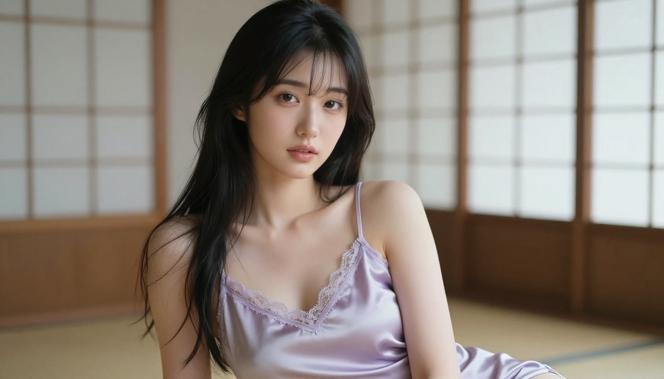 Japanese woman in lavender satin top in minimalist Japanese-inspired room