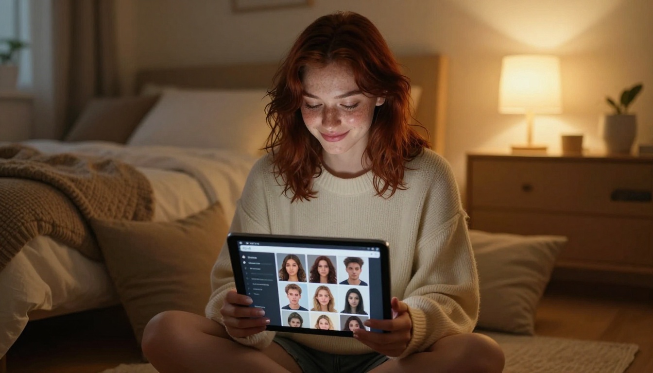 A woman with auburn hair sitting cross-legged on a bedroom floor holding a tablet showing an AI companion profile selection interface, warm floor lamp light, cozy lifestyle setting