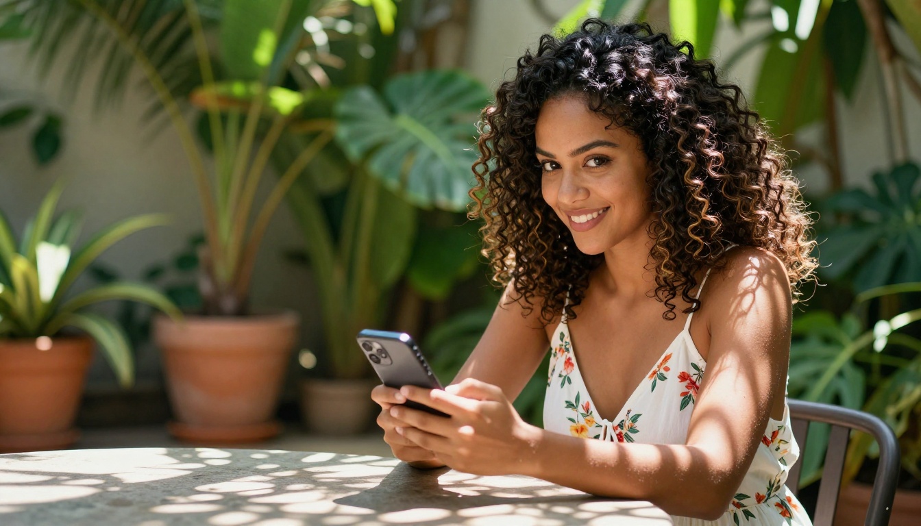 Latina woman with curly hair smiling in sunlit garden terrace holding smartphone