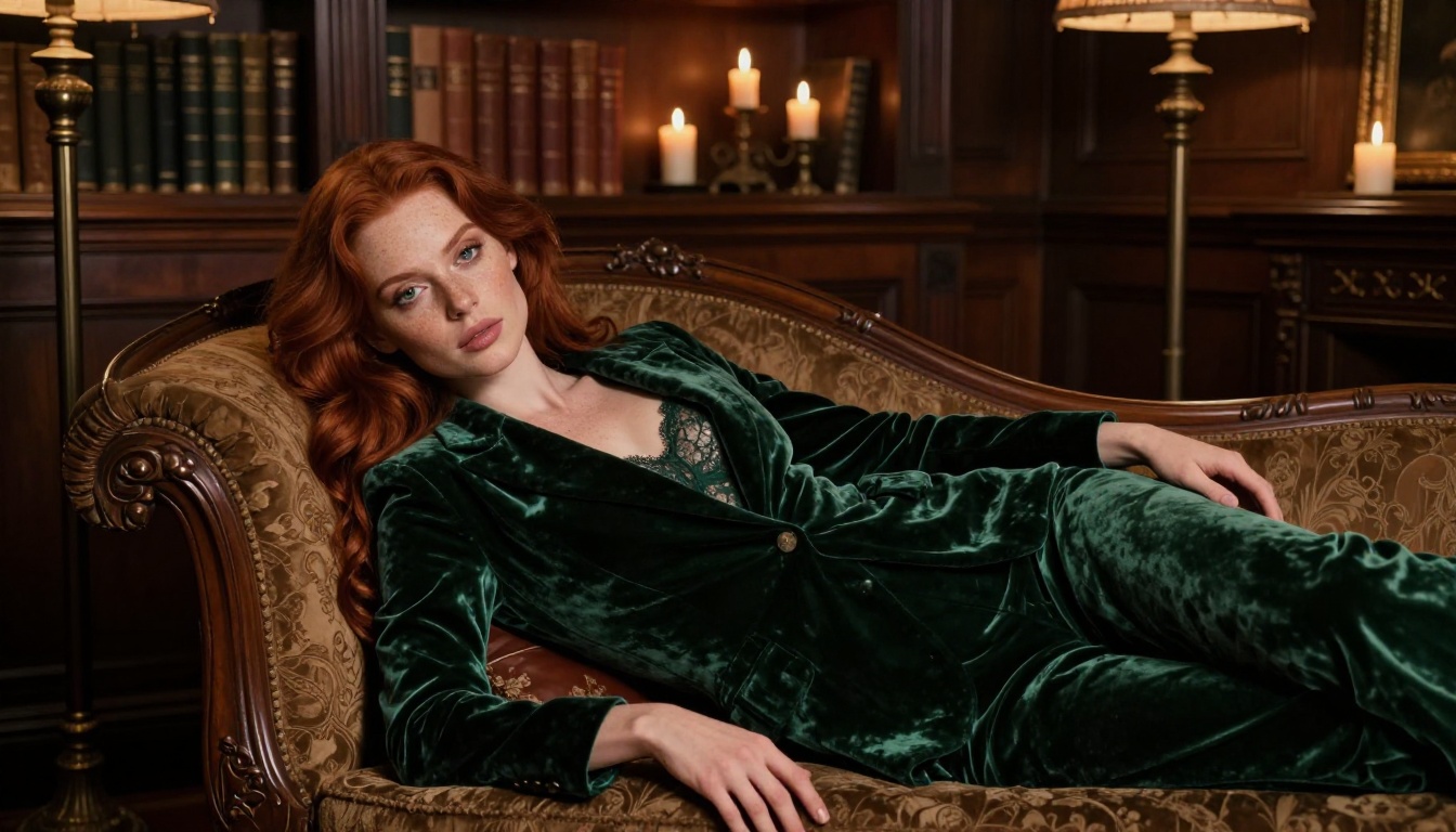 Woman with auburn red hair reclining on chaise lounge in dimly lit luxury study
