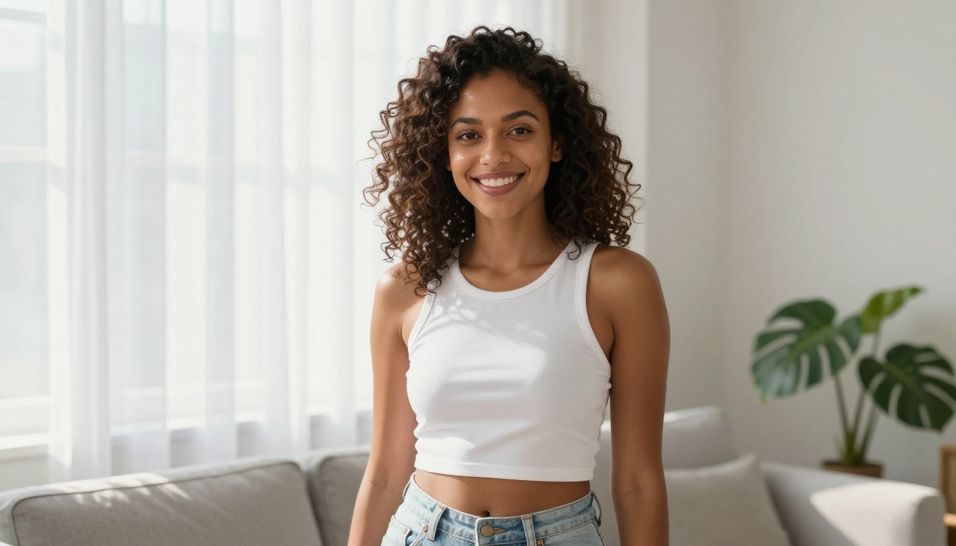 Mixed-race woman with natural hair smiling confidently in modern bright apartment