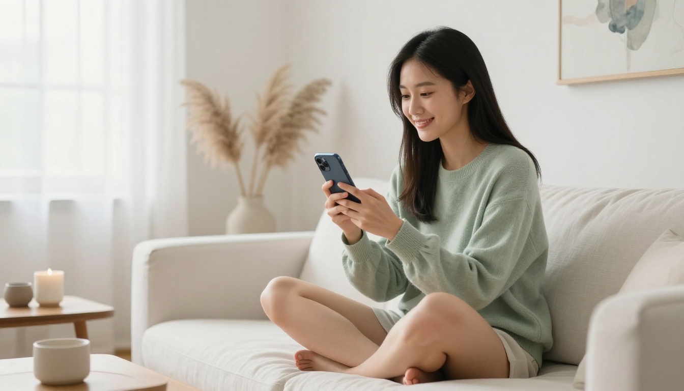 Young woman fully absorbed in a digital conversation on her smartphone