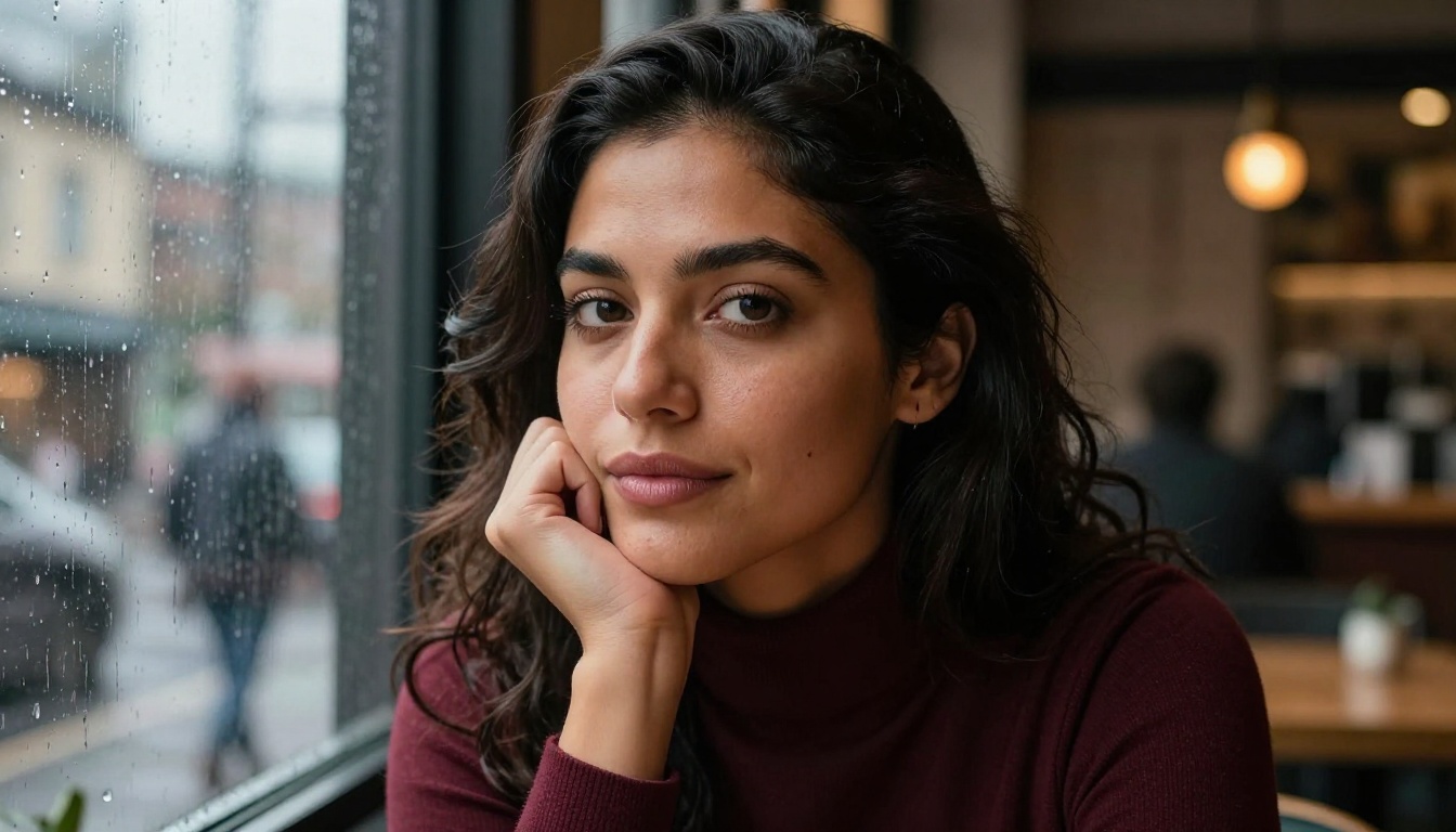 Thoughtful Latina woman at a rainy cafe window, genuine emotional presence