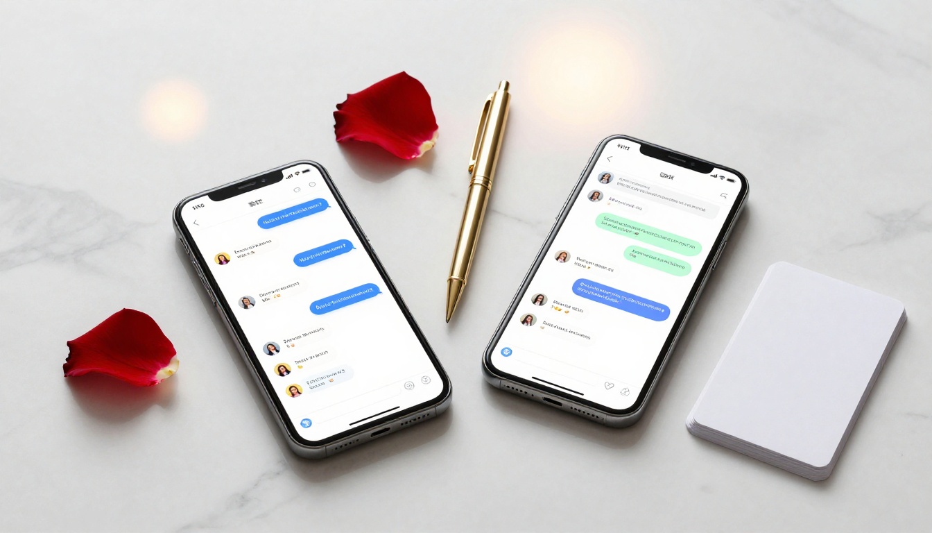 Premium smartphones displaying chat app interfaces side by side on marble surface