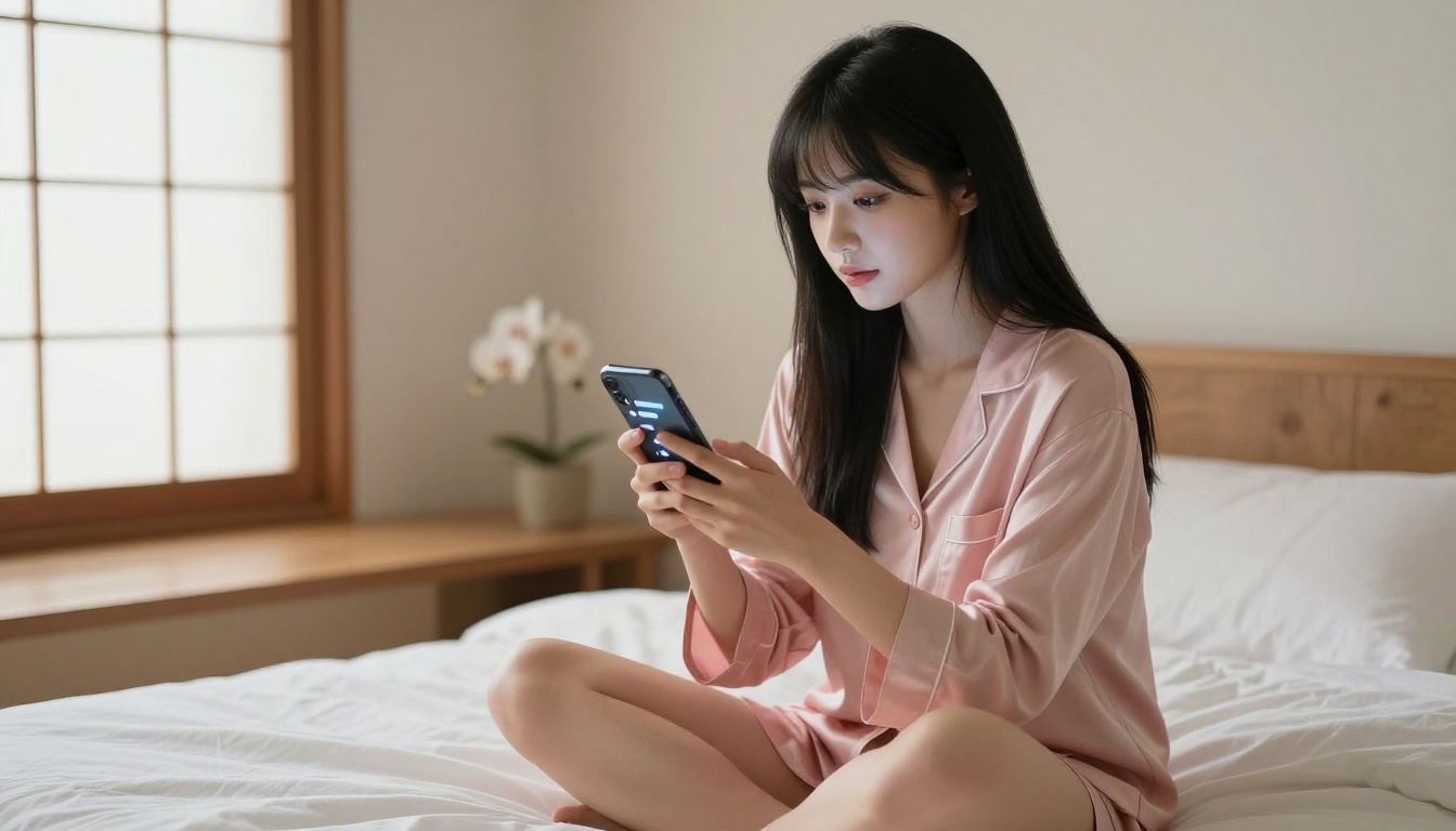 Beautiful Asian woman sitting cross-legged on a plush white bed holding a smartphone with an AI chat interface, warm morning light, peaceful and intimate bedroom setting
