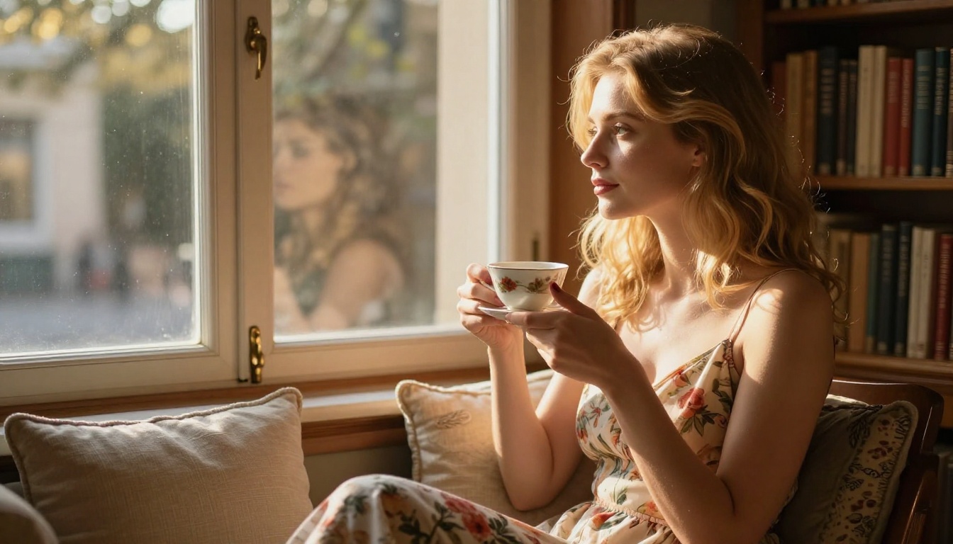 Elegant woman in a cozy library window seat, reflective and content
