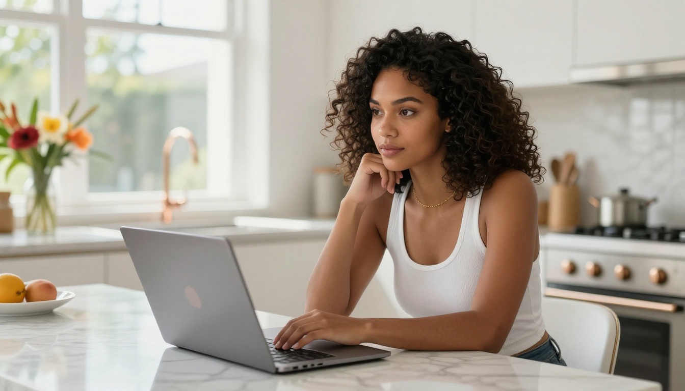 Stunning Latina woman with curly hair sitting at a marble kitchen island, looking thoughtfully at a laptop displaying a pricing comparison page, bright natural daylight