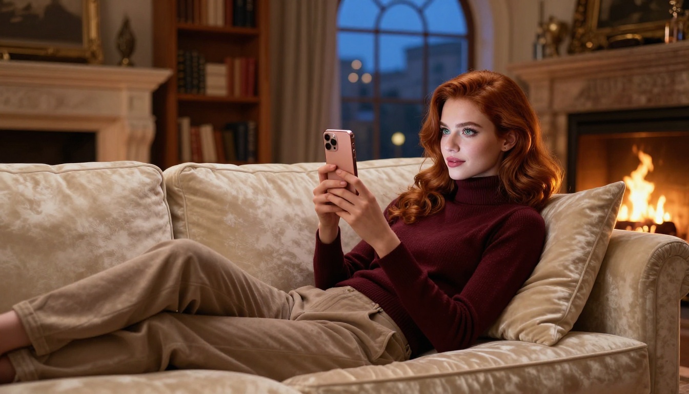 Elegant European woman with auburn hair lounging on a luxurious cream velvet sofa, holding a rose gold smartphone, warm firelight and evening cityscape bokeh in the background