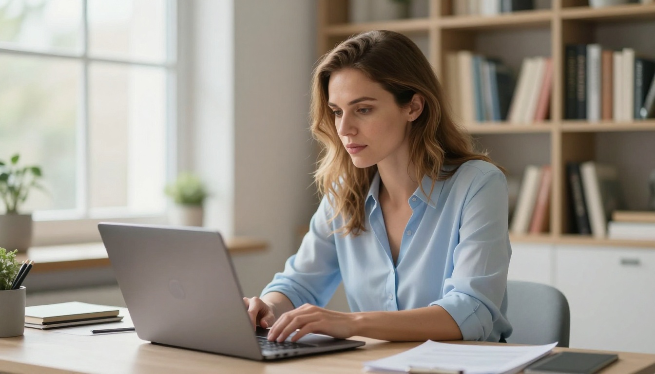 European woman working at home office