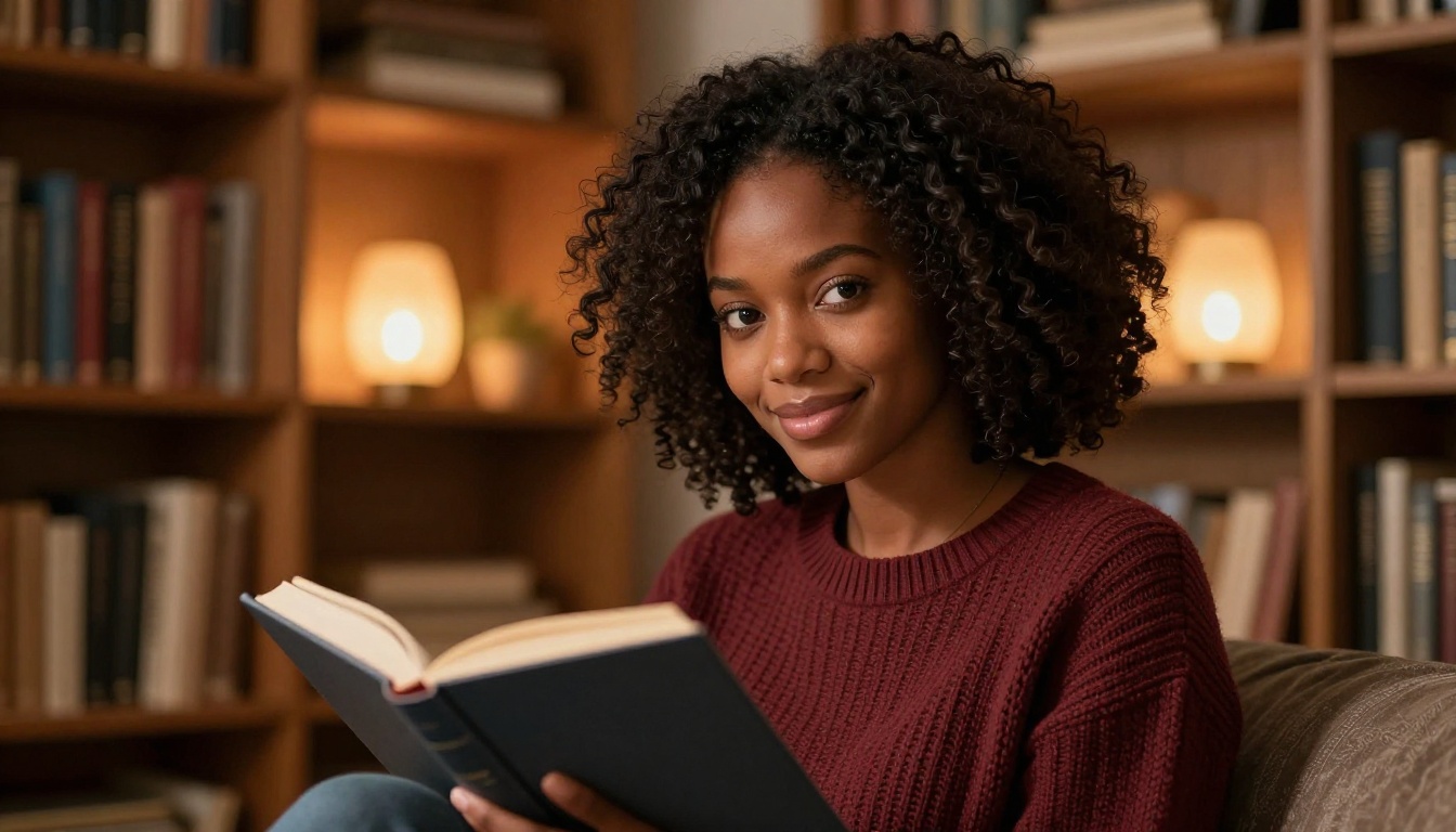 African woman reading in cozy nook