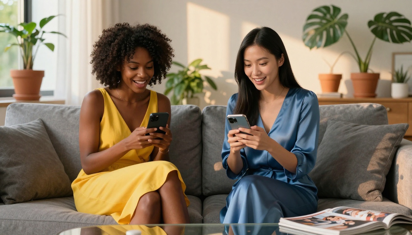 Two beautiful diverse women sitting close together on a modern sofa, one with natural coiled hair and one with sleek black hair, both looking at smartphones with expressions of genuine delight, warm afternoon light