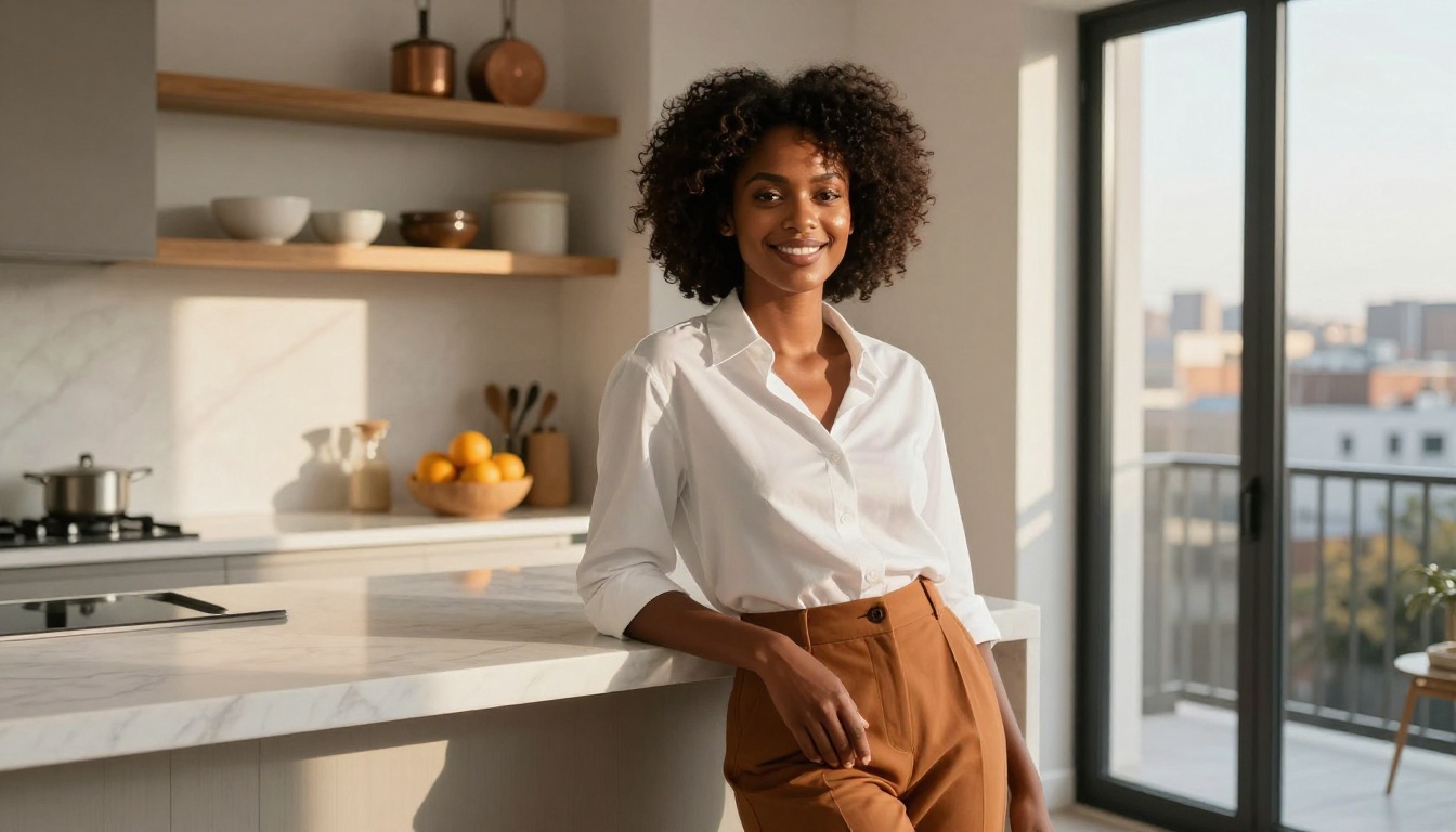 Black woman in a modern kitchen, confident and in control of her choices