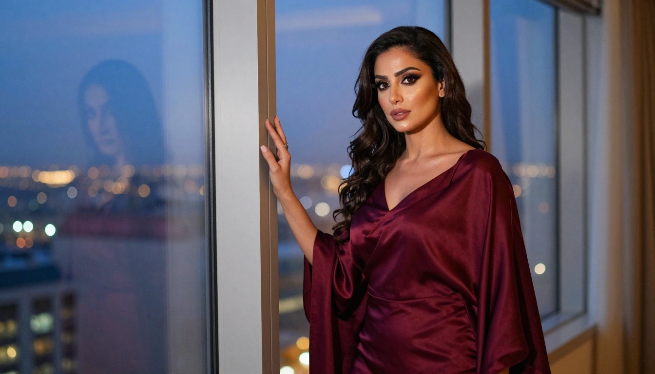 Middle Eastern woman at apartment window at dusk