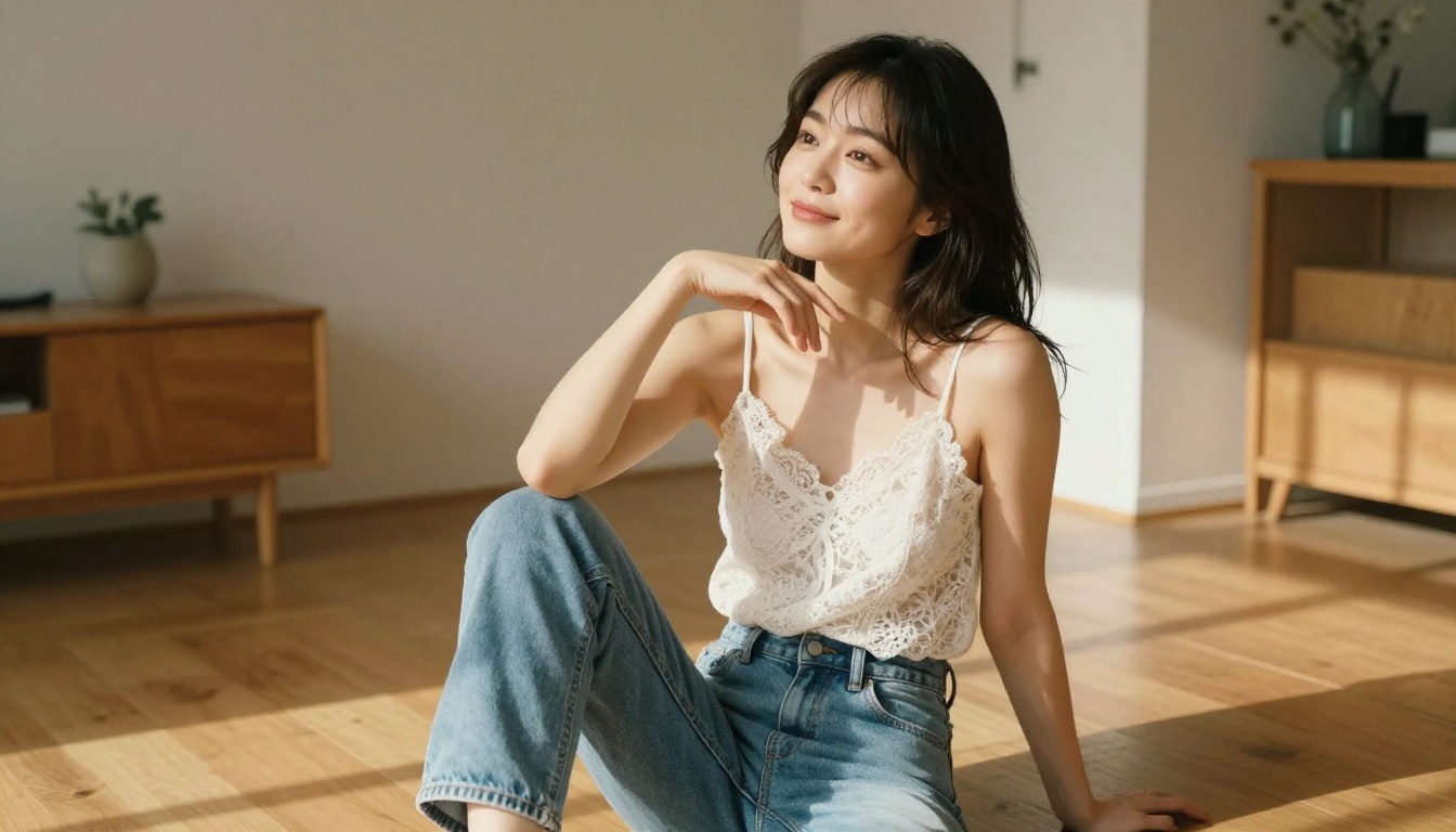 Japanese woman in minimalist apartment