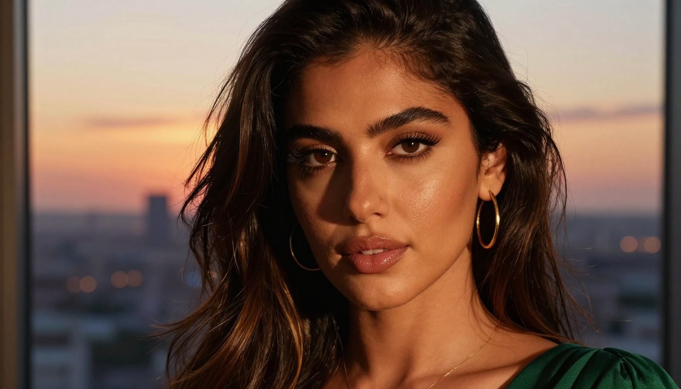Stunning Middle Eastern woman with warm brown skin and dark hair with honey highlights, close-up portrait with confident intimate expression, luxury hotel suite with sunset city view bokeh