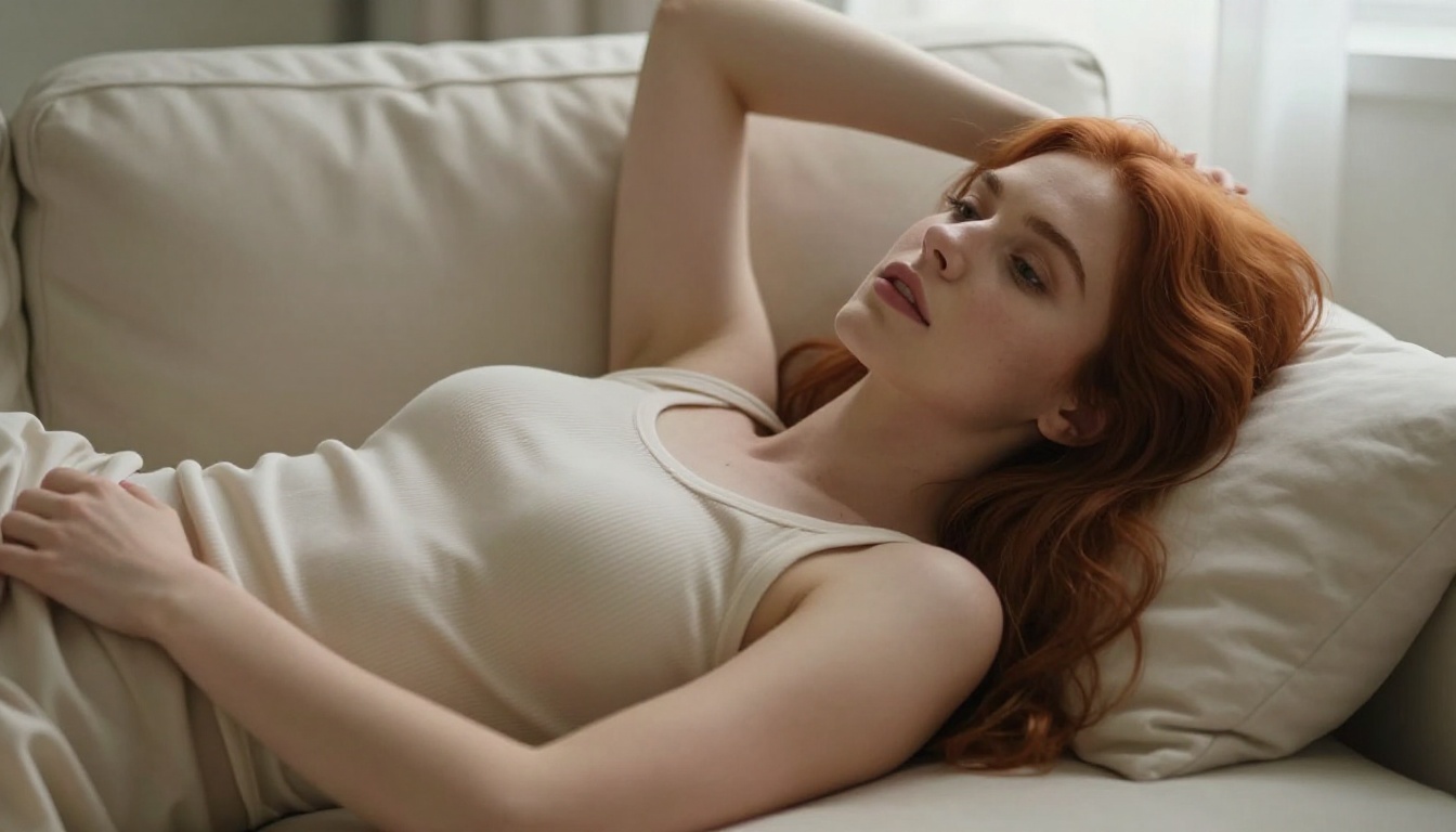 Red-haired woman relaxing on sofa