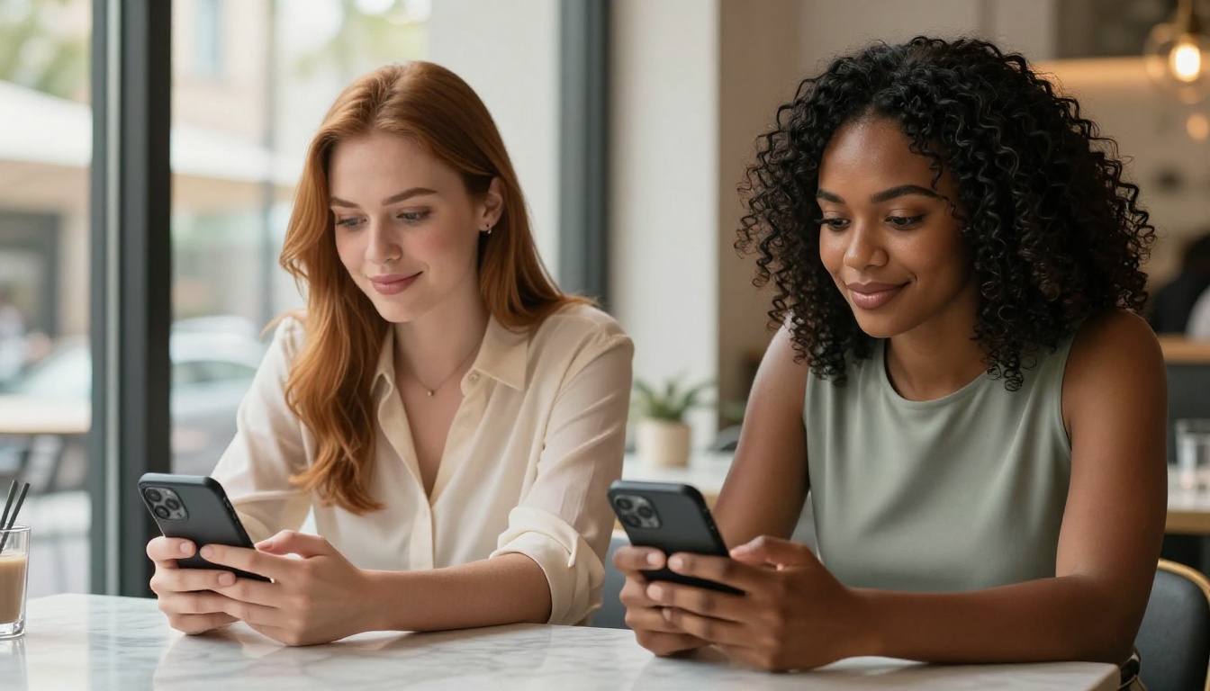 Two women comparing apps side by side at a bright cafe table