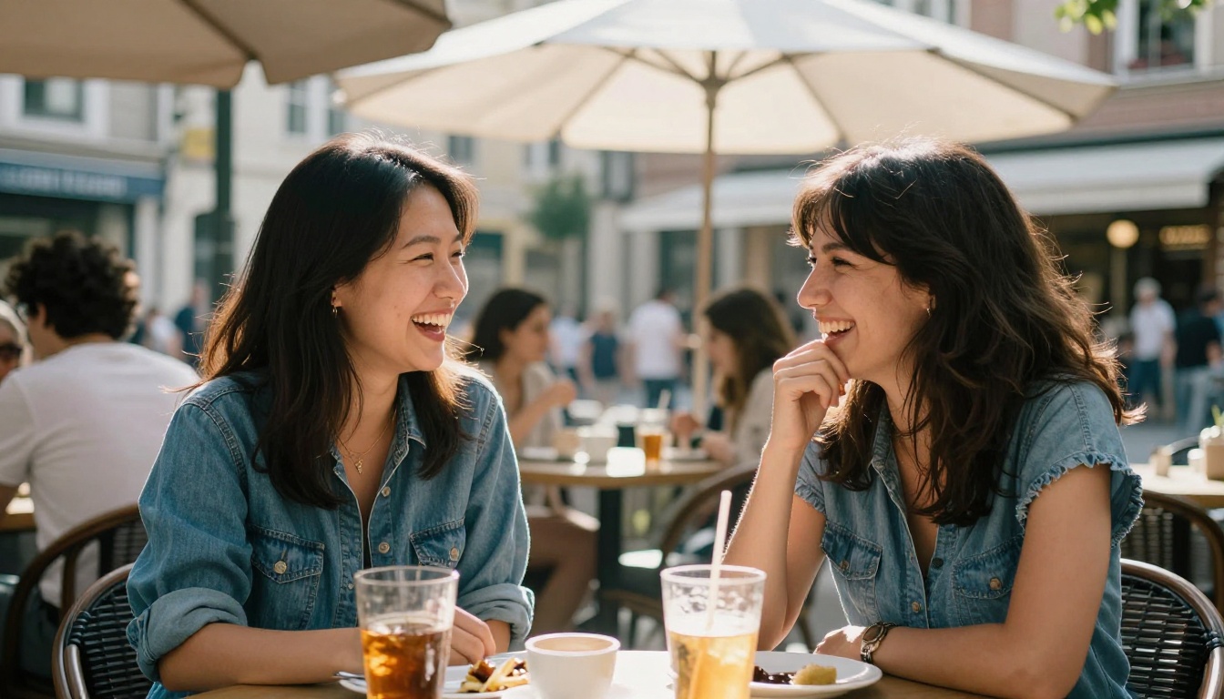 Two women sharing a moment at outdoor cafe