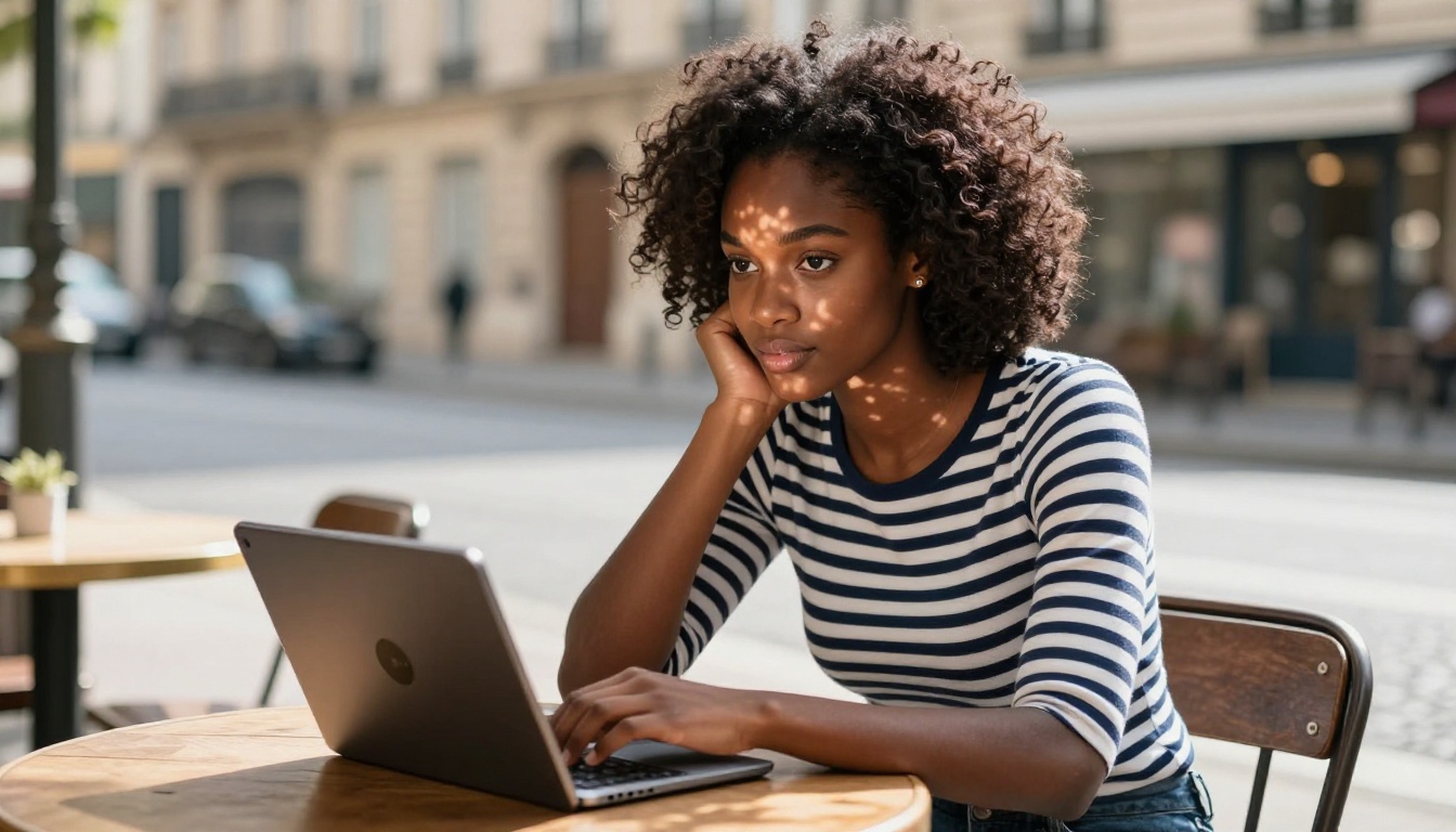 Beautiful Black woman with sculptural natural afro hair sitting at an outdoor Paris cafe terrace, leaning forward engaged with a tablet showing AI character profiles, warm dappled afternoon sunlight