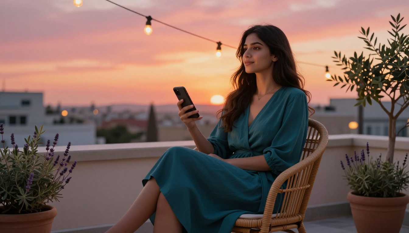 Woman on rooftop terrace at sunset, romantic digital companion atmosphere