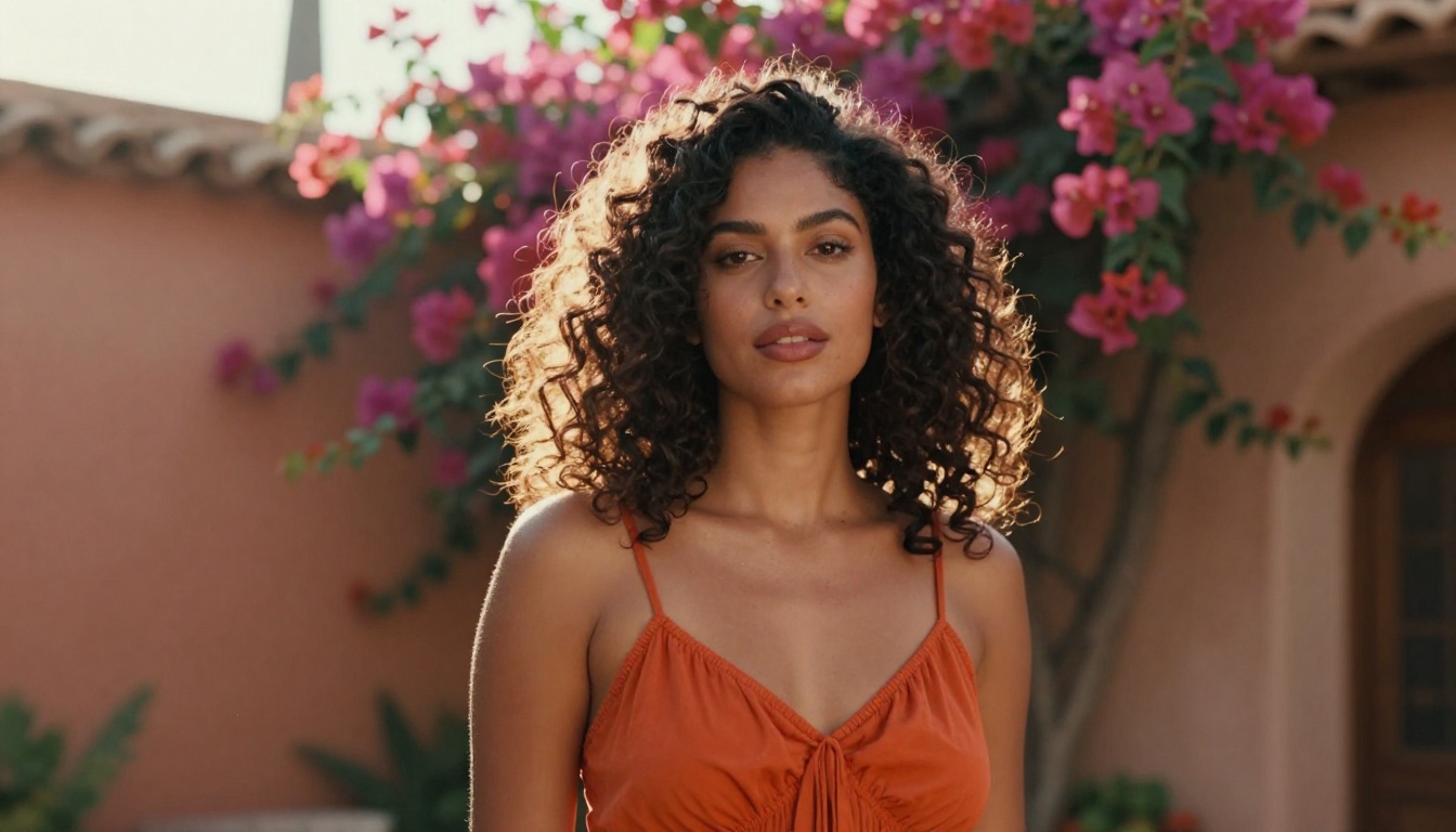 Vibrant Latina woman in warm afternoon sunlight outdoors