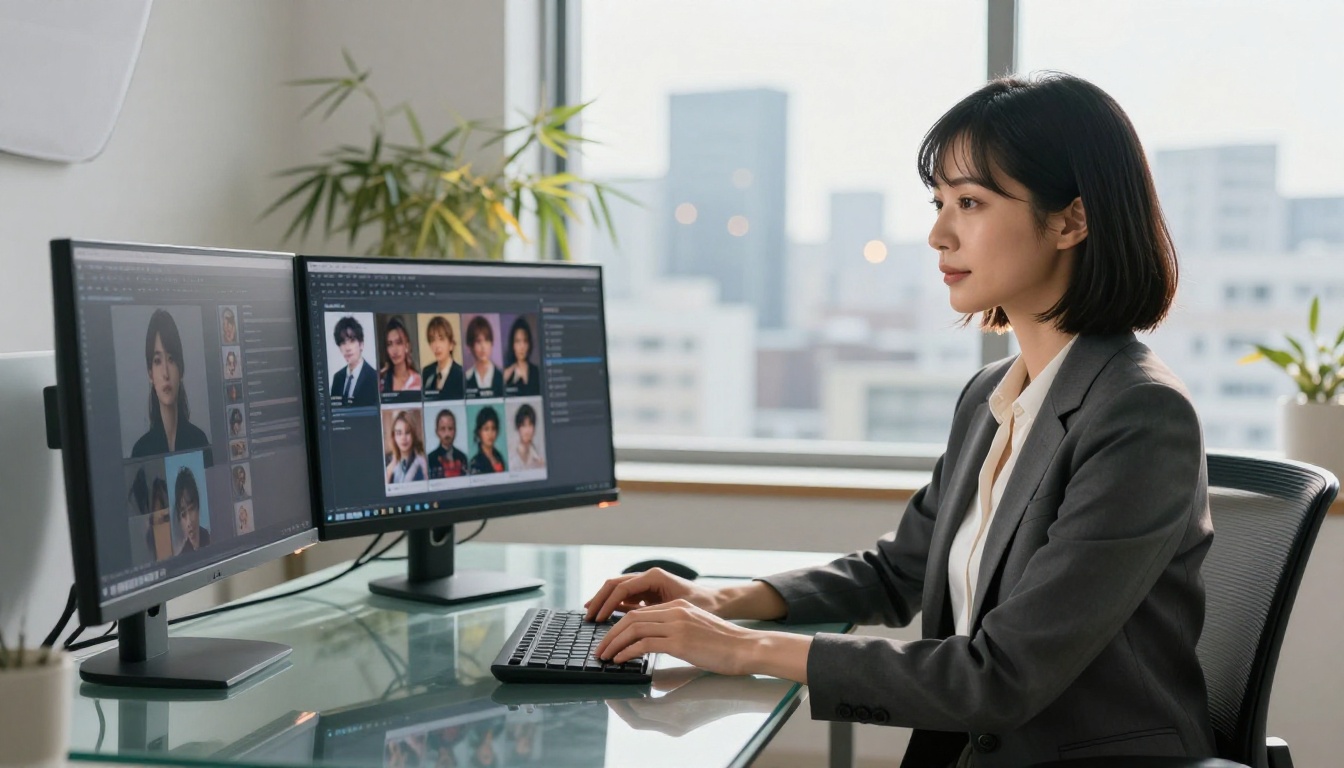 Confident Japanese woman in a charcoal blazer seated at a glass desk with dual monitors showing AI companion character galleries, panoramic city view window creating a beautiful rim light