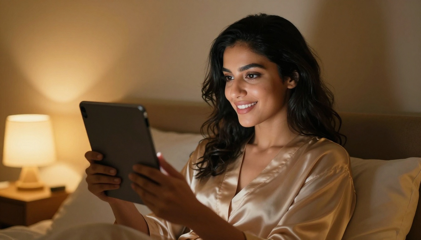 Middle Eastern woman enjoying a video call in warm golden evening light