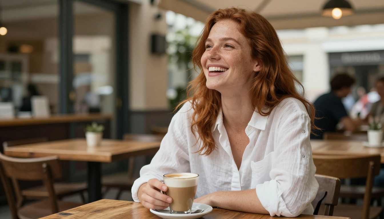Auburn-haired woman laughing naturally at a rustic cafe table