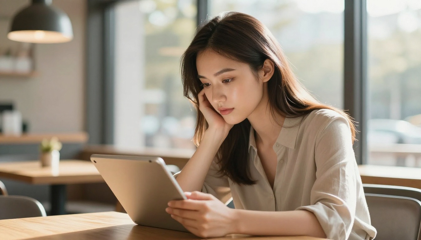 Woman analyzing pricing options on tablet