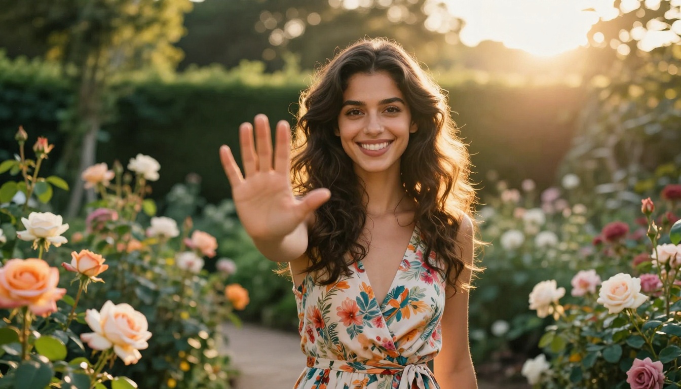 Woman in garden with welcoming gesture