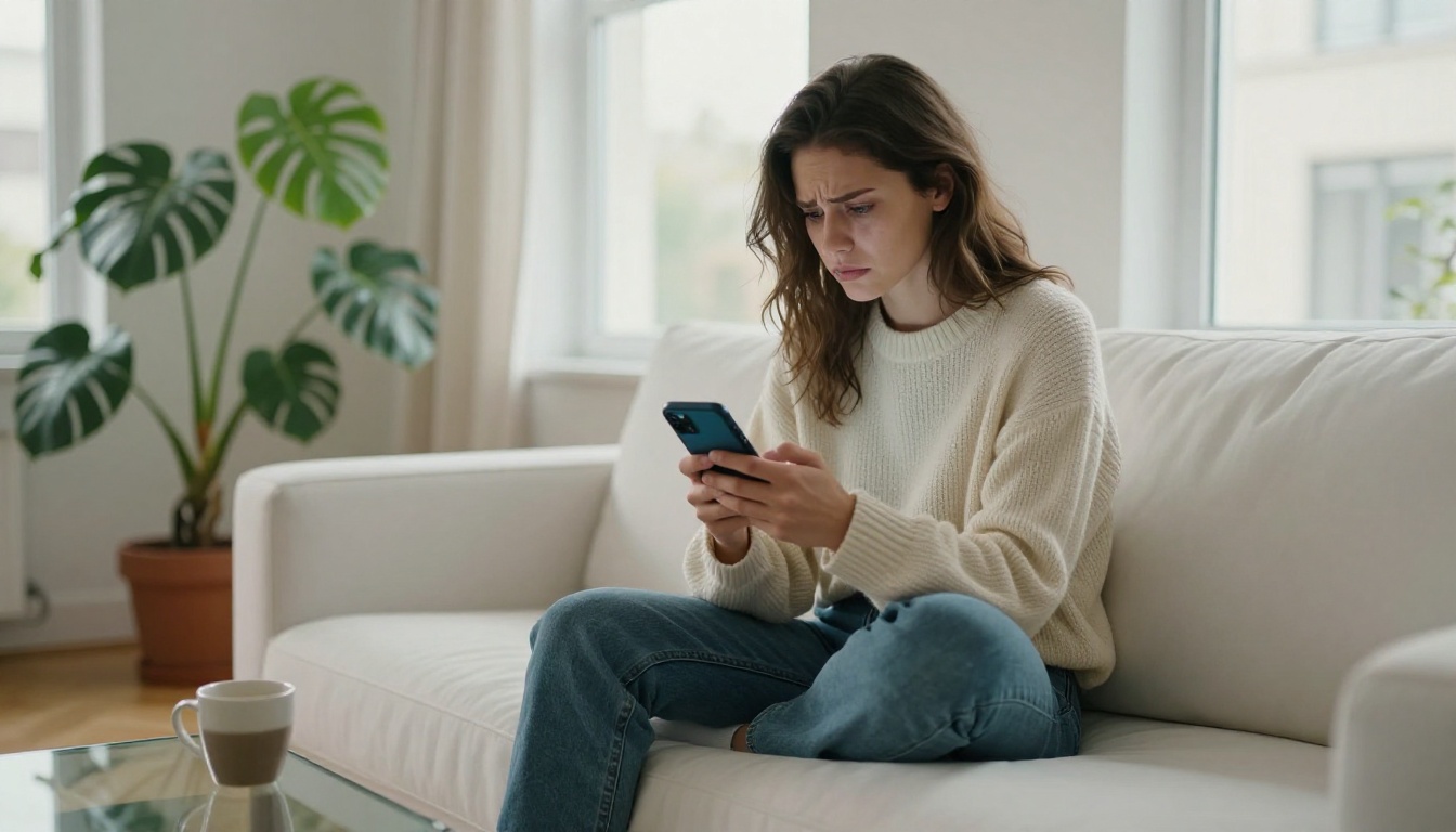 A woman sitting on a sofa looking frustrated at her phone screen