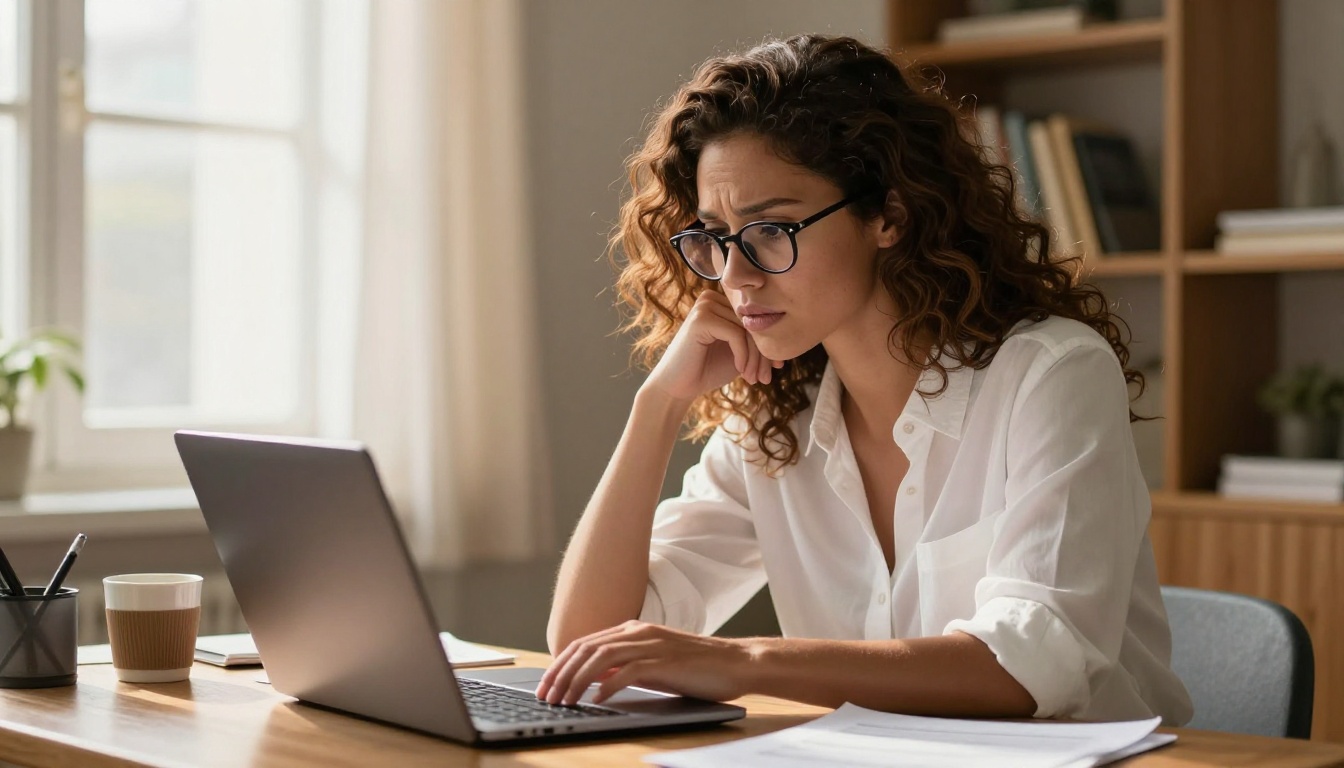 Woman at laptop thoughtfully reviewing subscription pricing options