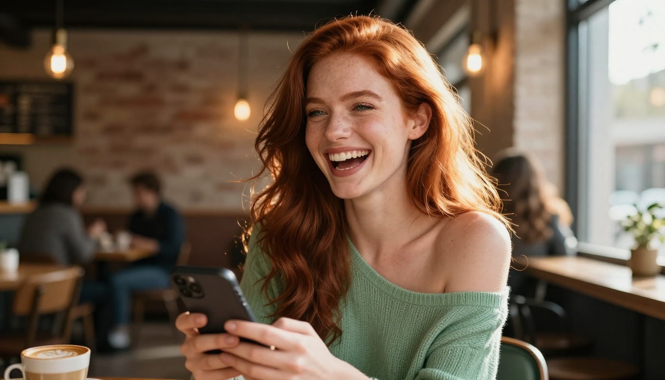 Young woman with red hair laughing genuinely at her phone in a warm café setting